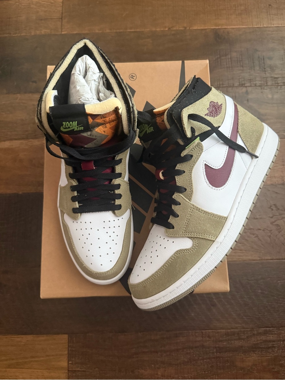 Nike Air Jordan 1 Mid - Olive Green, White & Burgundy